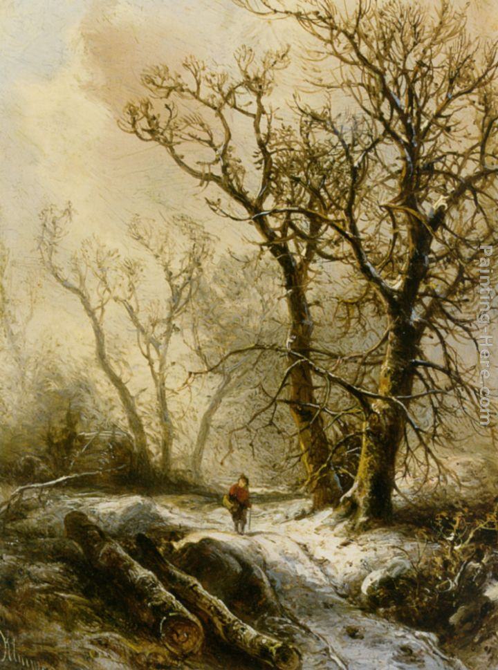 Pieter Lodewijk Francisco Kluyver A Figure in a Snowy Forest Landscape